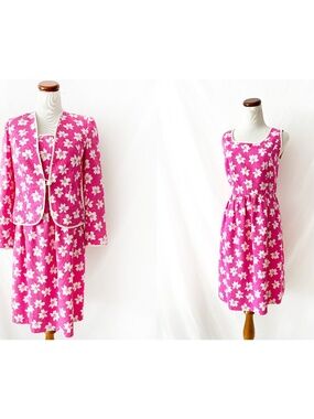 Vintage William Pearson Dress Set: Quilted Pink Floral Dress and Blazer, Size 8